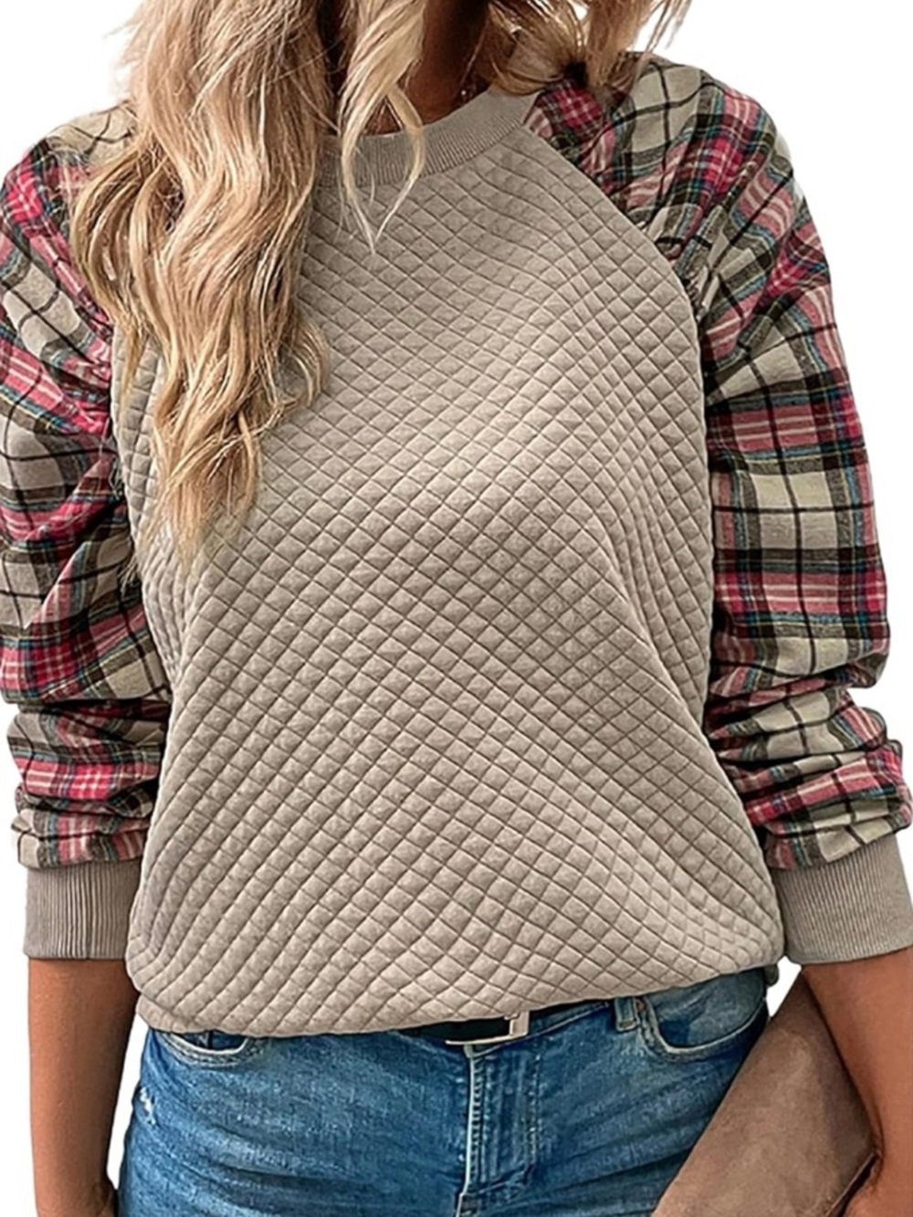 SHEIN Beige Quilted Sweatshirt with Plaid Raglan Sleeves